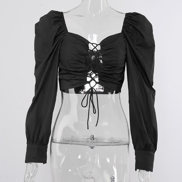 Yimunancy 2020 Autumn Long Sleeve Crop Top Women Fashion Lace Up Top Ladies Puff Sleeve White Blouse Blusas Streetwear