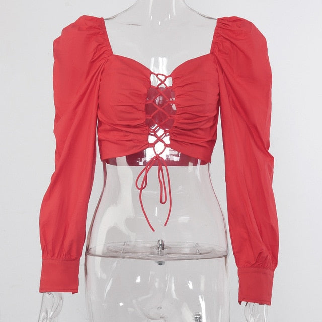 Yimunancy 2020 Autumn Long Sleeve Crop Top Women Fashion Lace Up Top Ladies Puff Sleeve White Blouse Blusas Streetwear