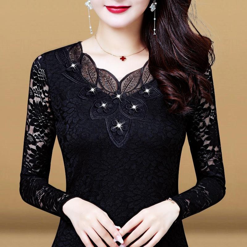Women Spring Autumn Style Lace Blouses Shirts Lady Casual Long Sleeve Embroidery Flower O-Neck Lace Blusas Tops DD8154