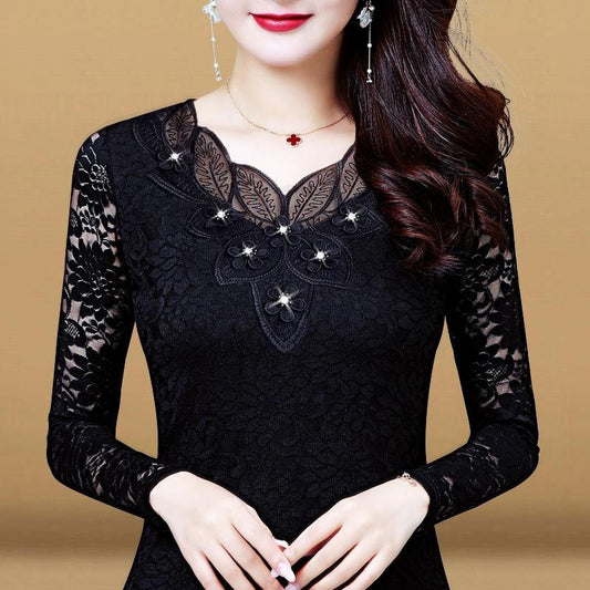 Women Spring Autumn Style Lace Blouses Shirts Lady Casual Long Sleeve Embroidery Flower O-Neck Lace Blusas Tops DD8154