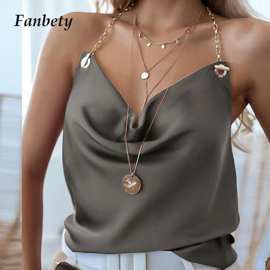 Silk Blouse Shirt Women Tops 2020 Summer High Quality Chain Halter Blouse Shirt Elegant Office Lady Basic Solid Sleeveless Blusa