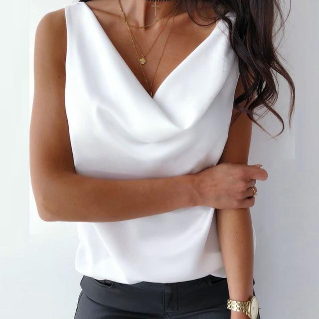 Silk Blouse Shirt Women Tops 2020 Summer High Quality Chain Halter Blouse Shirt Elegant Office Lady Basic Solid Sleeveless Blusa