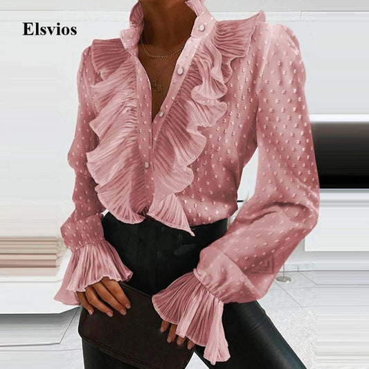 Summer Ruffle Button Chiffon Blouse Spring Elegant Flare Sleeve Women Tops Blusa Office Lady Sexy V-Neck Pleated Blouse Shirt XL