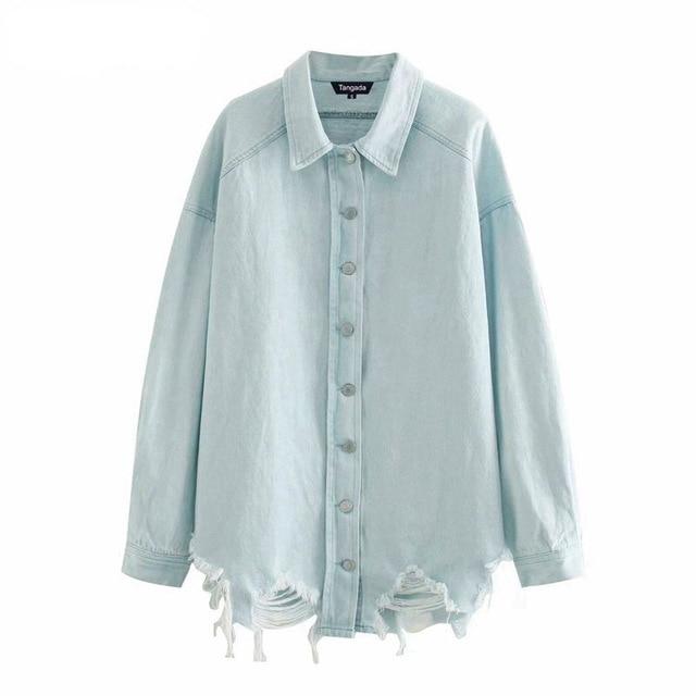 Tangada Women boyfriend denim jacket coats hole ripped 2020 autumn winter new female oversized long coat 4M212