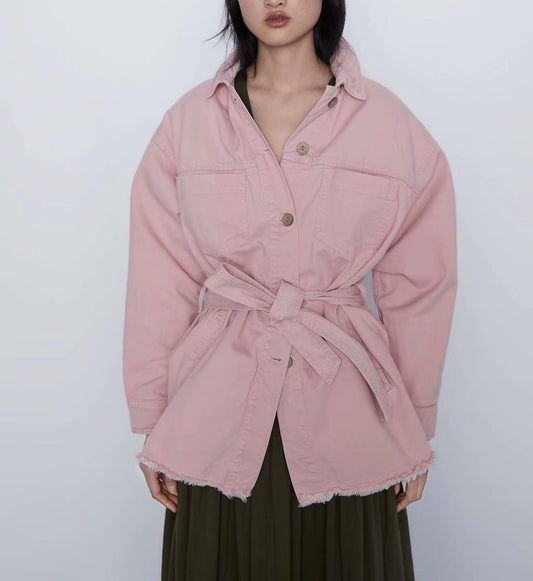 Obrix Cool Loose Spring Autumn Female Shirt Square Collar Full Sleeve Belt Pockets Casual Style Blouse For Women