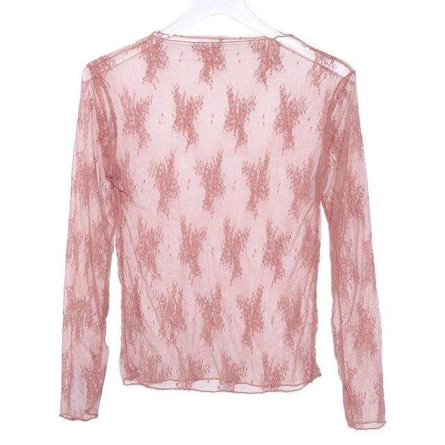 Summer Spring Womens See Through Mesh Basic Long Sleeve Blouse Mock Neck Embroidered Floral Lace Loose Pullover Tops