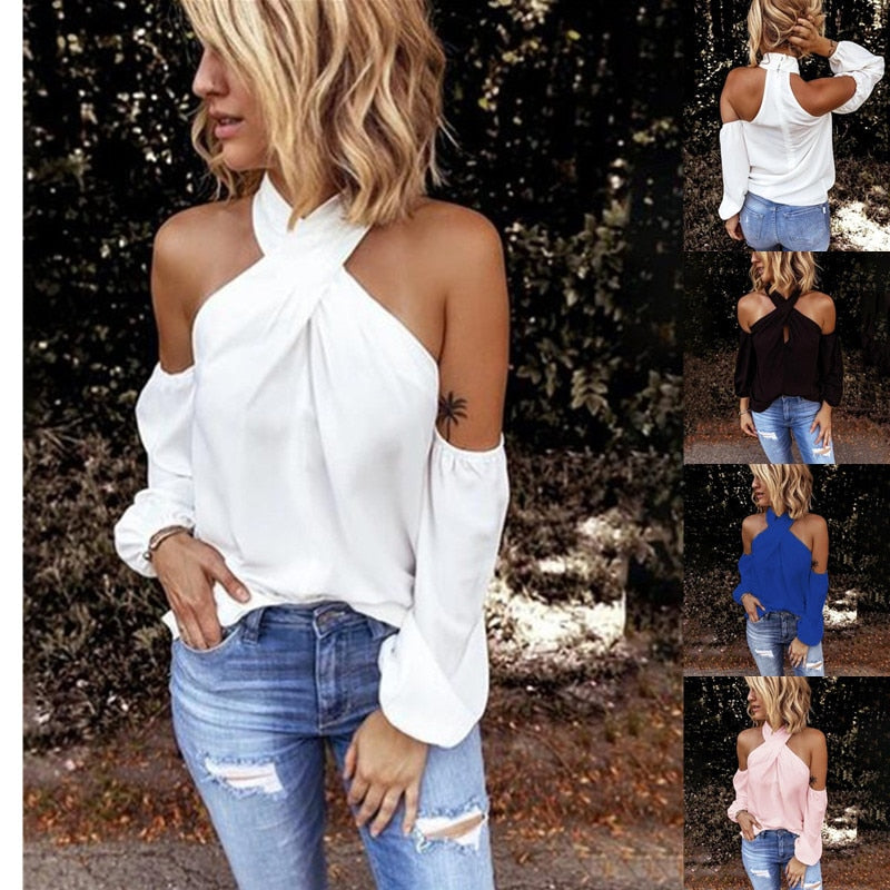 GAOKE Off shoulder white blouse shirt Women bodycon blouse elegant summer sexy shirt 2020 female blusas tops & tees