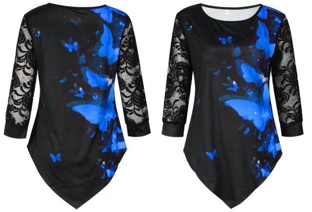 Shirt Blouse Women Plus size 5XL Fashion 2020 New Spring Summer print Black Tops 3/4 Lace Sleeve Elasticity Female Shirt Casual