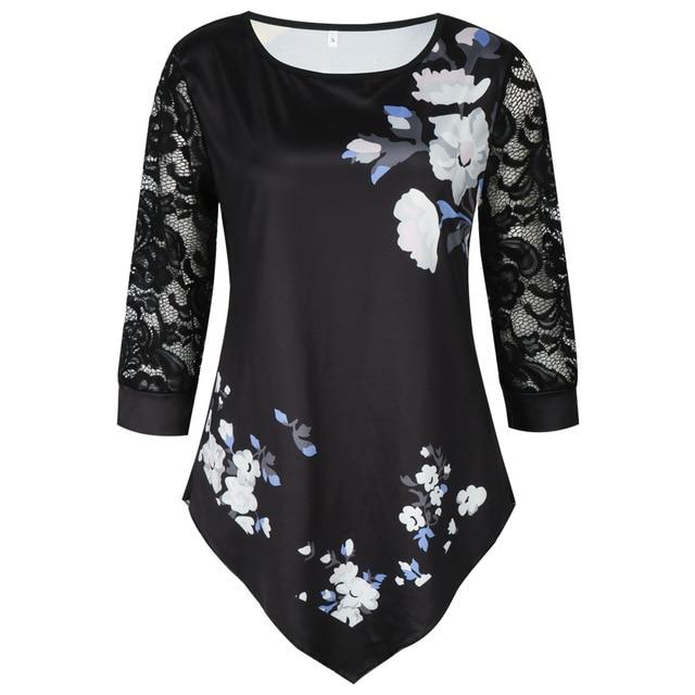Shirt Blouse Women Plus size 5XL Fashion 2020 New Spring Summer print Black Tops 3/4 Lace Sleeve Elasticity Female Shirt Casual