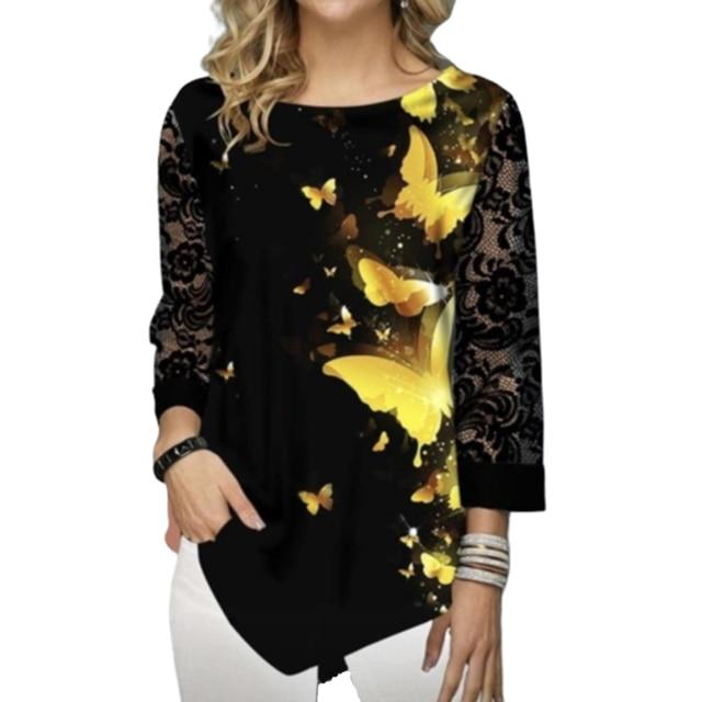 Shirt Blouse Women Plus size 5XL Fashion 2020 New Spring Summer print Black Tops 3/4 Lace Sleeve Elasticity Female Shirt Casual