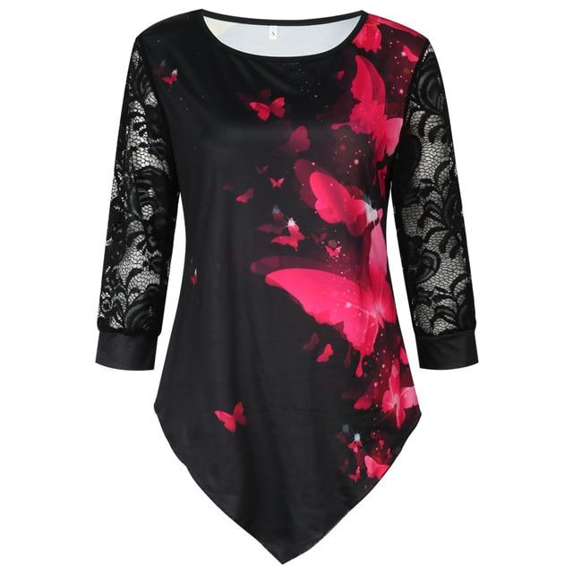 Shirt Blouse Women Plus size 5XL Fashion 2020 New Spring Summer print Black Tops 3/4 Lace Sleeve Elasticity Female Shirt Casual