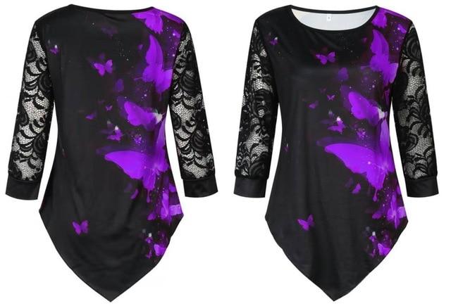 Shirt Blouse Women Plus size 5XL Fashion 2020 New Spring Summer print Black Tops 3/4 Lace Sleeve Elasticity Female Shirt Casual