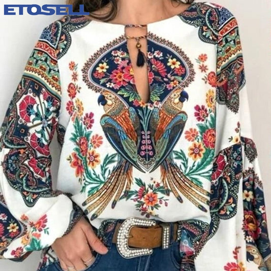 S-5XL Women Bohemian Clothing Blouse Shirt Vintage Floral Print Tops Ladies Blouses Blusa Feminina Plus size