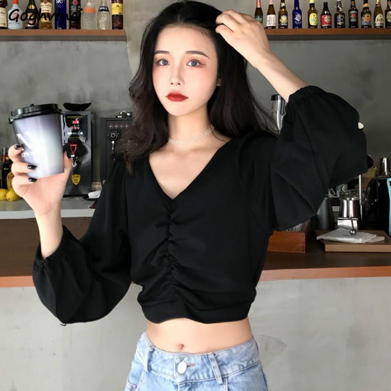 Blouses Women V-neck Long Puff Sleeve Crop Tops Elegant Sexy Pleated Solid Streetwear Womens Retro Stylish Retro Slim Shirts New