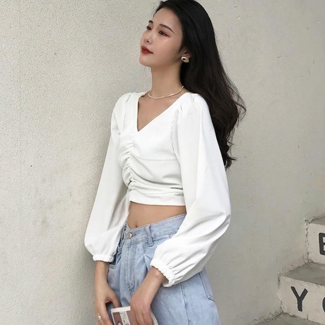 Blouses Women V-neck Long Puff Sleeve Crop Tops Elegant Sexy Pleated Solid Streetwear Womens Retro Stylish Retro Slim Shirts New