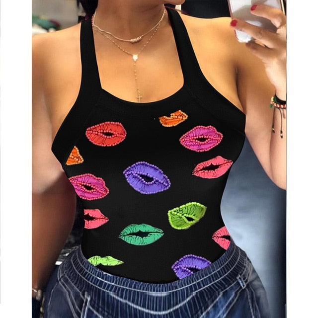 Summer Sexy Sleeveless Backless Blouse Shirts Women Casual Lips Butterfly Print Slim Tops Elegant Bowknot Female O Neck Blouses