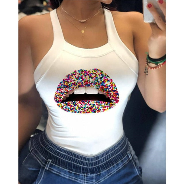 Summer Sexy Sleeveless Backless Blouse Shirts Women Casual Lips Butterfly Print Slim Tops Elegant Bowknot Female O Neck Blouses