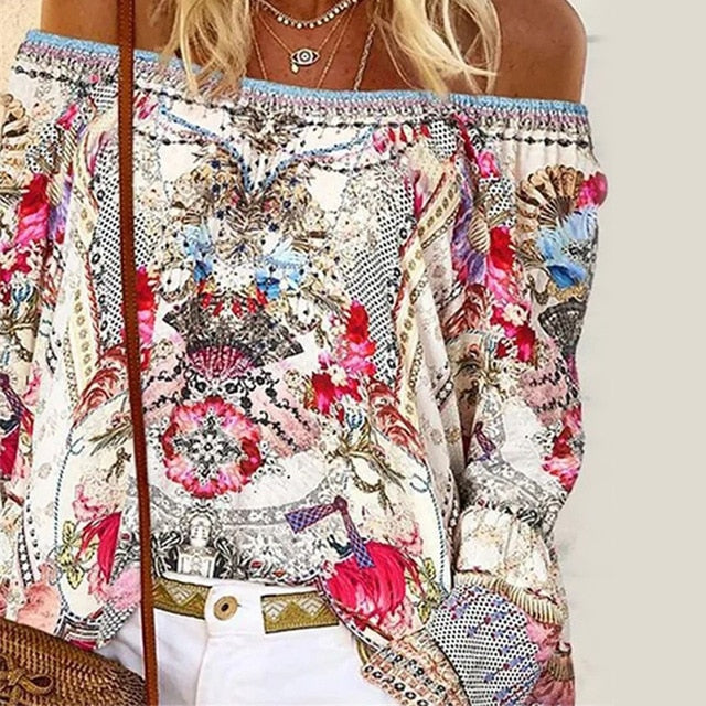 Summer Off Shoulder Floral Print Blouse Shirts Women Elegant Lace-up Hollow Out Top Vintage Flare Sleeve Ladies Office Blouses