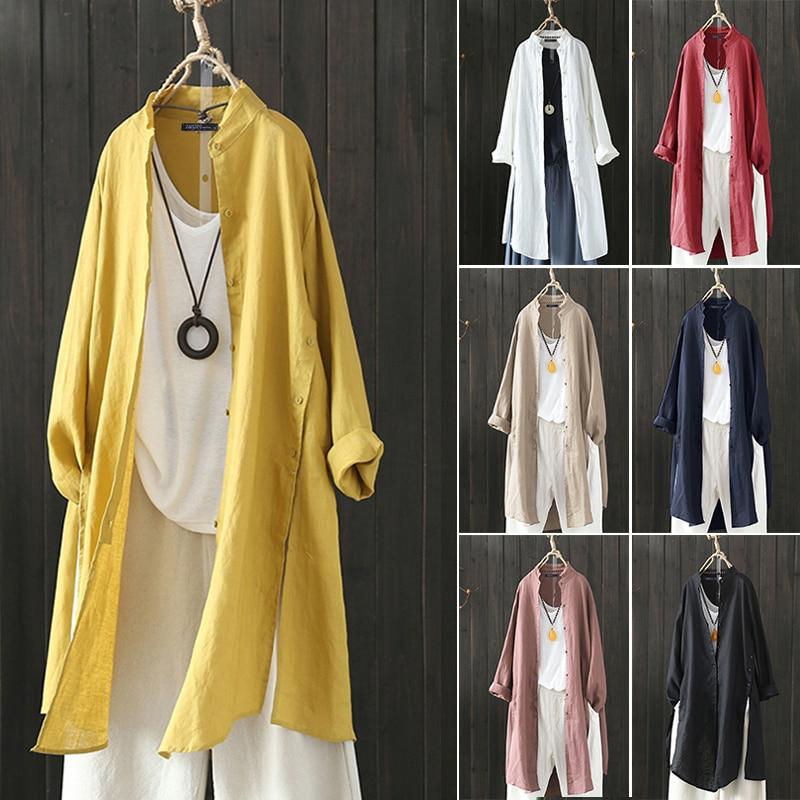 2020 Autumn Solid Long Shirt ZANZEA Women OL Cardigan Casual Lapel Long Sleeve Tunic Tops Vintage Cotton Linen Blouse Plus Size