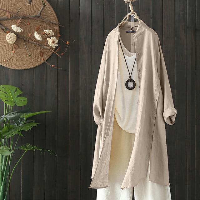2020 Autumn Solid Long Shirt ZANZEA Women OL Cardigan Casual Lapel Long Sleeve Tunic Tops Vintage Cotton Linen Blouse Plus Size