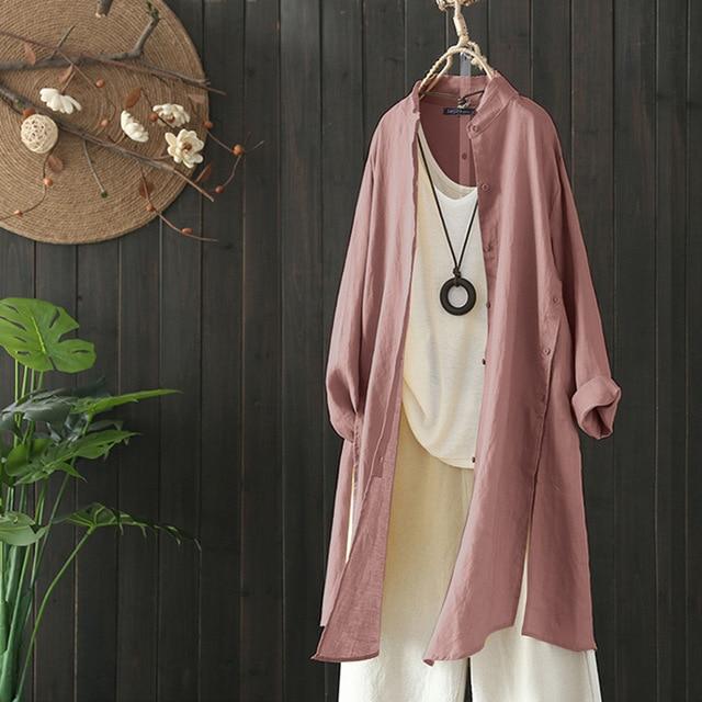 2020 Autumn Solid Long Shirt ZANZEA Women OL Cardigan Casual Lapel Long Sleeve Tunic Tops Vintage Cotton Linen Blouse Plus Size