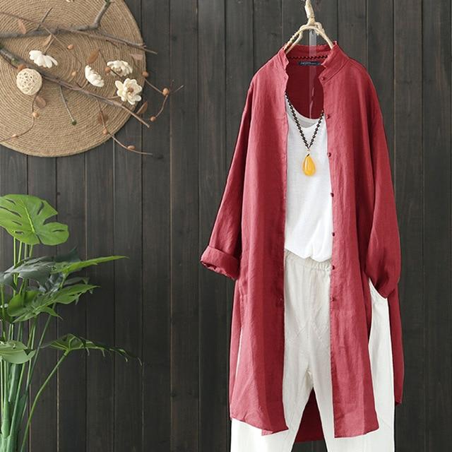2020 Autumn Solid Long Shirt ZANZEA Women OL Cardigan Casual Lapel Long Sleeve Tunic Tops Vintage Cotton Linen Blouse Plus Size