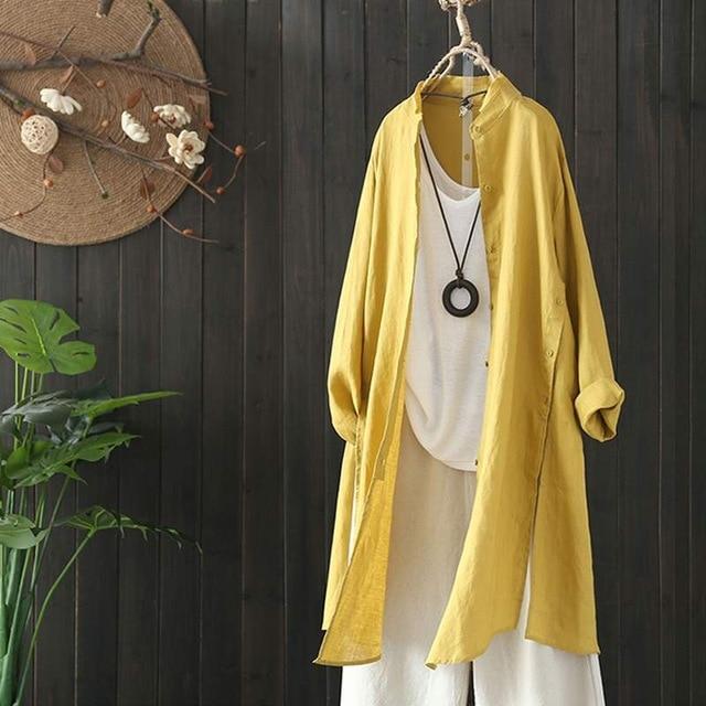 2020 Autumn Solid Long Shirt ZANZEA Women OL Cardigan Casual Lapel Long Sleeve Tunic Tops Vintage Cotton Linen Blouse Plus Size