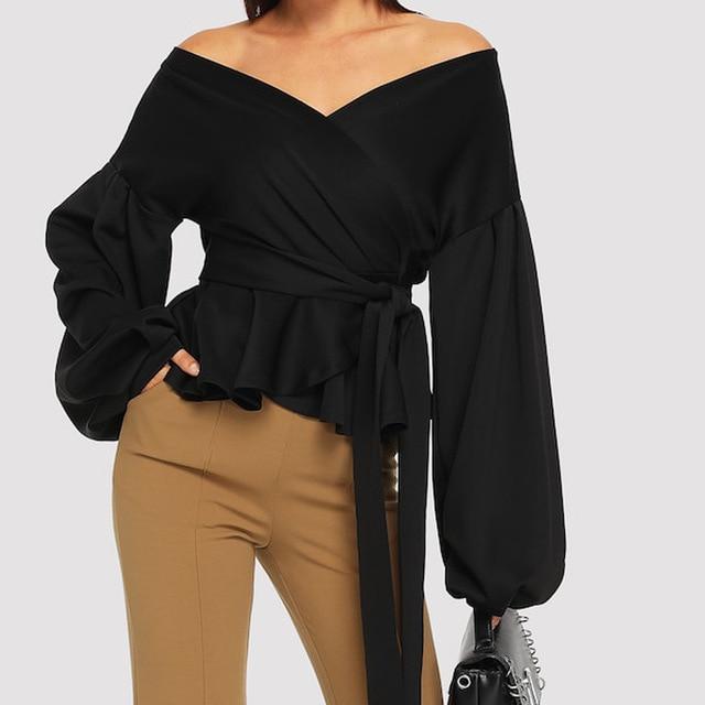 Women Long Sleeve Blouses Shirt Sexy Strapless Deep V-Neck Blouses Lantern Sleeve Bow Belt Bandage Tops Casual Tee blouse femme