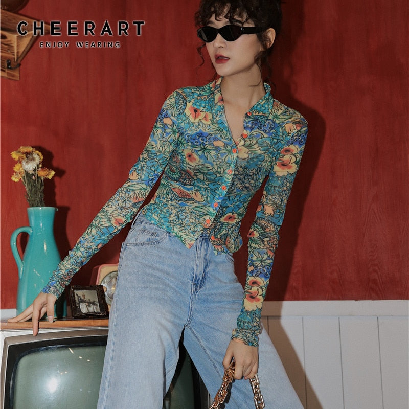 CHEERART Fall 2020 Women Mesh Dragon Print Shirt Long Sleeve Top Button Up See Through Top Fashion Designer Clothing