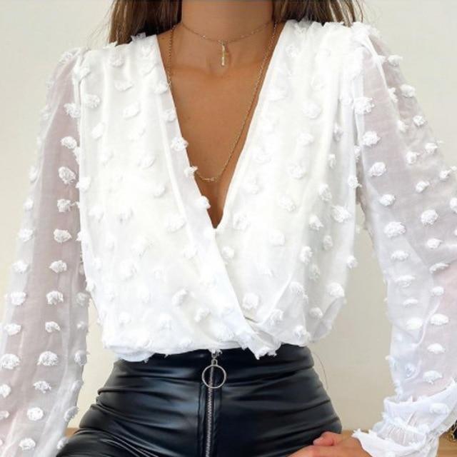Lady Embroidery Lantern Sheer Mesh Sleeve Blouse shirts Women Autumn Polka Dot Print Blusa pullovers Elegant see through tops