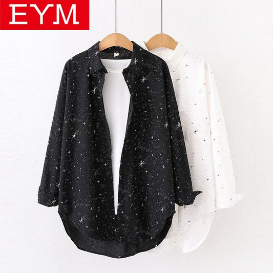2020 Autumn New Brand Shirt Cosmic Star Print Cotton Shirt Women's Loose Large Casual Blouse Female Student Design Clothing Tops