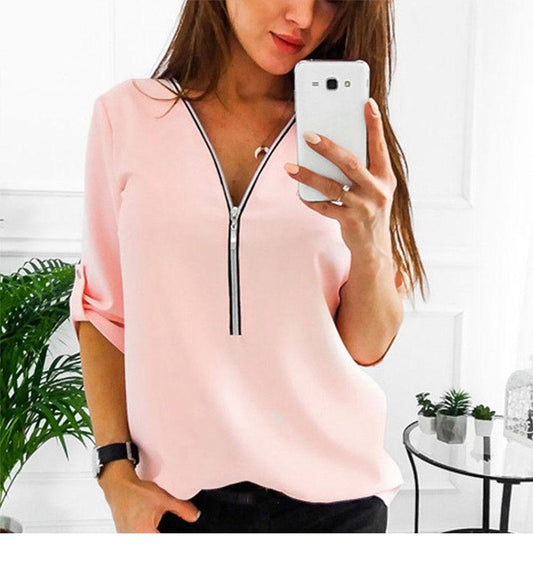 MONERFFI Autumn Zipper Short Sleeve Women Shirts Sexy V Neck Solid Women Top Blouses Casual Tee Shirt Tops Female Plus Sizes