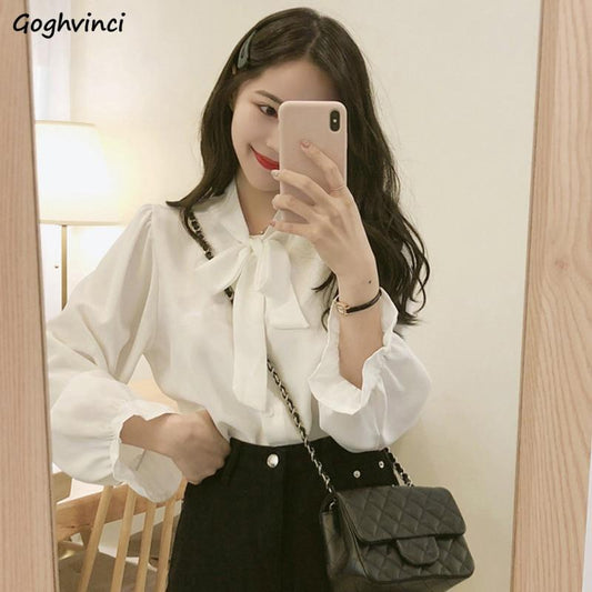 Women Blouses Chiffon White Shirts Bow Flare Sleeve V-neck Korean Style Sweet Elegant Draped Office Ladies Spring Leisure Chic