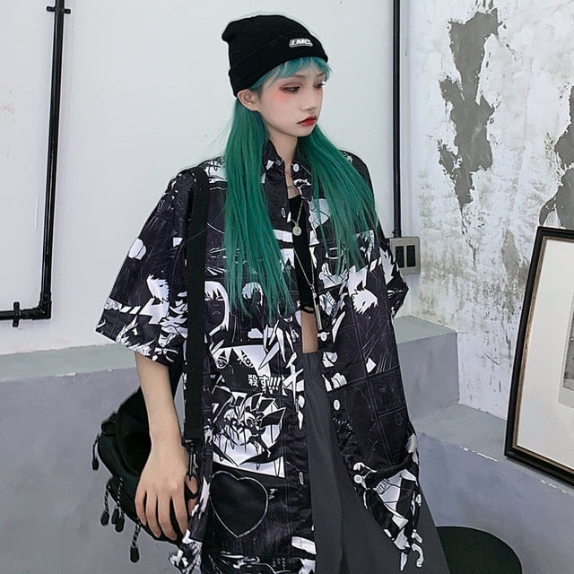 NiceMix Women blouse short Sleeve pattern Print Loose Blouses Tops Female Shirt Hip hop Ladies Casual Button Blouse Streetwear