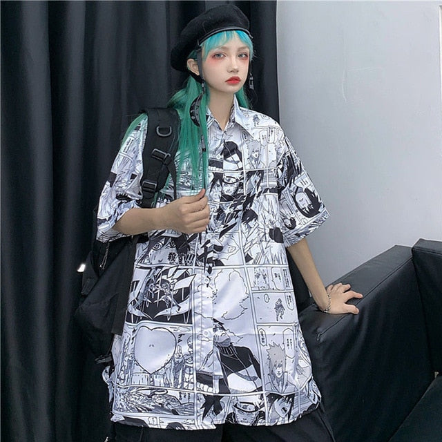 NiceMix Women blouse short Sleeve pattern Print Loose Blouses Tops Female Shirt Hip hop Ladies Casual Button Blouse Streetwear