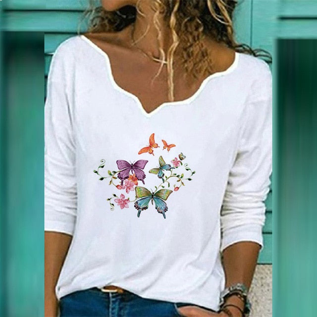 Autumn Women Elegant V-Neck Print Blouse Shirt 2020 New Casual Loose Long Sleeve Tops Ladies Plus Size Streetwear Pullover Blusa