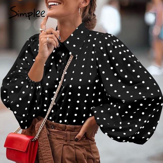 Simplee Fashion dot loose women's top Bubble Sleeve Chiffon Long Sleeve Shirt High street style Lapel top autumn winter 2020