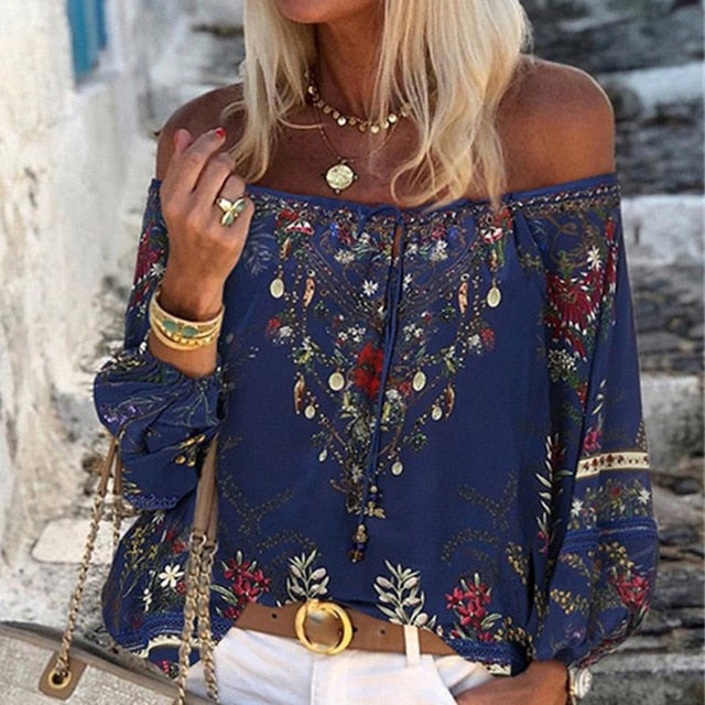 Women Sexy Lace-up Tassel Off Shoulder Blouse Shirt 2020 Autumn Elegant Floral Print Flare Long Sleeve Tops Ladies Chic Blouses