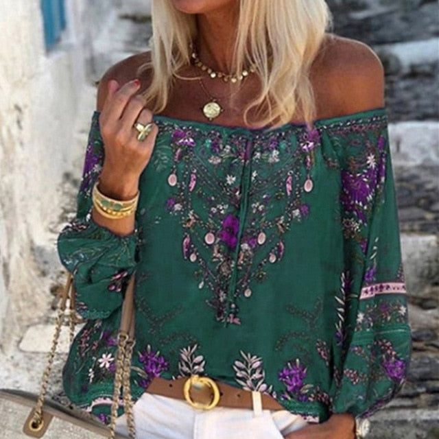 Women Sexy Lace-up Tassel Off Shoulder Blouse Shirt 2020 Autumn Elegant Floral Print Flare Long Sleeve Tops Ladies Chic Blouses