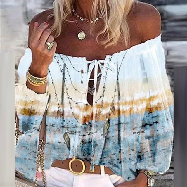 Women Sexy Lace-up Tassel Off Shoulder Blouse Shirt 2020 Autumn Elegant Floral Print Flare Long Sleeve Tops Ladies Chic Blouses
