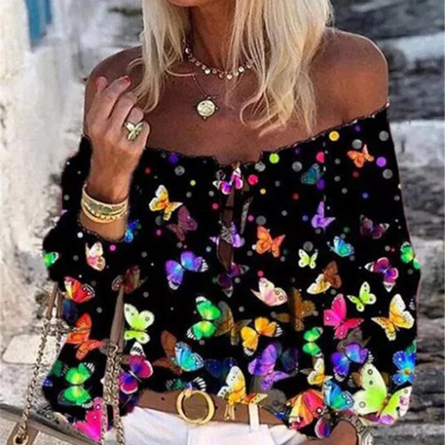 Women Sexy Lace-up Tassel Off Shoulder Blouse Shirt 2020 Autumn Elegant Floral Print Flare Long Sleeve Tops Ladies Chic Blouses