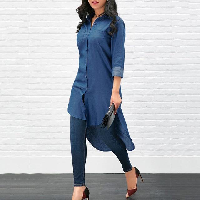 Long Fashion Women Denim Tuxedo Shirt Dress Long Sleeve Loose Blouse Lady Fashion Casual Jean Blouse Summer Tops Denim Shirt