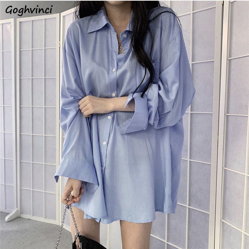 Solid Shirts Women Single Breasted Thin Simple Oversize Korean Style Chic Leisure Fashion Loose Female Blouses Ins BF Teens New