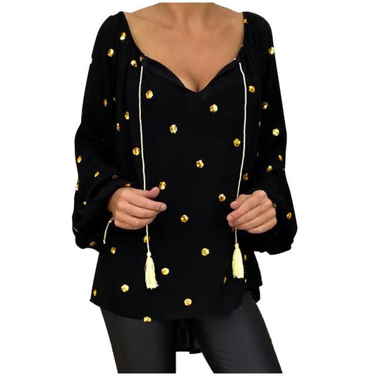 Plus Size Women Blouse V-Neck Tassel Tops Dots Print Long Flare Sleeve Loose Pullover Female 2020 Summer Fashion Long Blouses