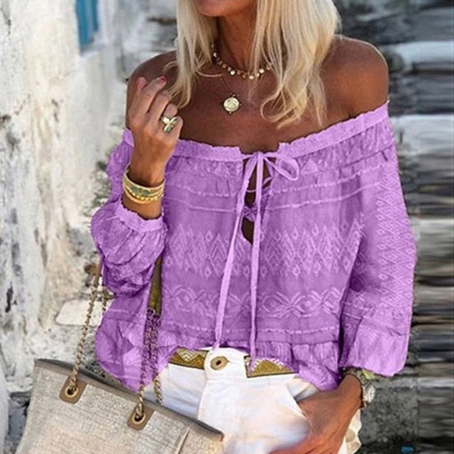 Summer Off Shoulder Floral Print Blouse Shirts Women Elegant Lace-up Hollow Out Top Vintage Flare Sleeve Ladies Office Blouses