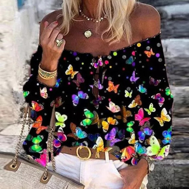 Summer Off Shoulder Floral Print Blouse Shirts Women Elegant Lace-up Hollow Out Top Vintage Flare Sleeve Ladies Office Blouses