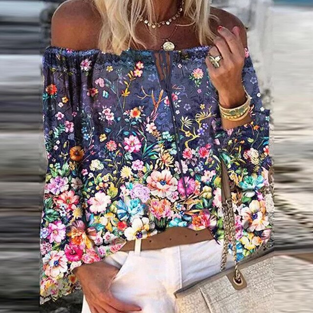 Summer Off Shoulder Floral Print Blouse Shirts Women Elegant Lace-up Hollow Out Top Vintage Flare Sleeve Ladies Office Blouses