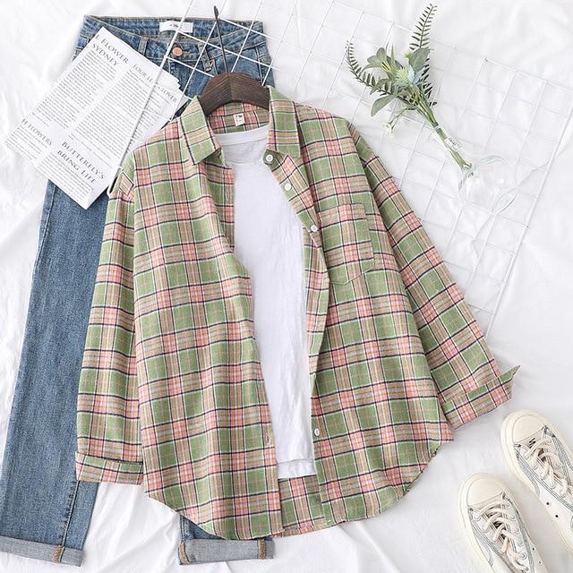 Autumn Plaid Shirts Womens Blouses And Tops Long Sleeve Loose Checked Female Clothes Outwear Winter
