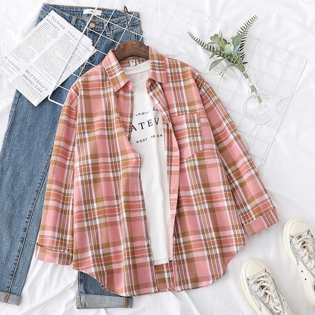 Autumn Plaid Shirts Womens Blouses And Tops Long Sleeve Loose Checked Female Clothes Outwear Winter