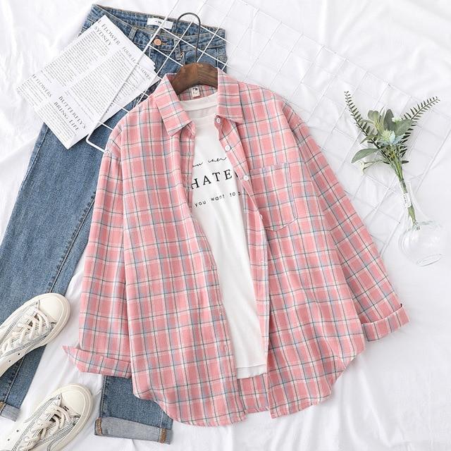 Autumn Plaid Shirts Womens Blouses And Tops Long Sleeve Loose Checked Female Clothes Outwear Winter
